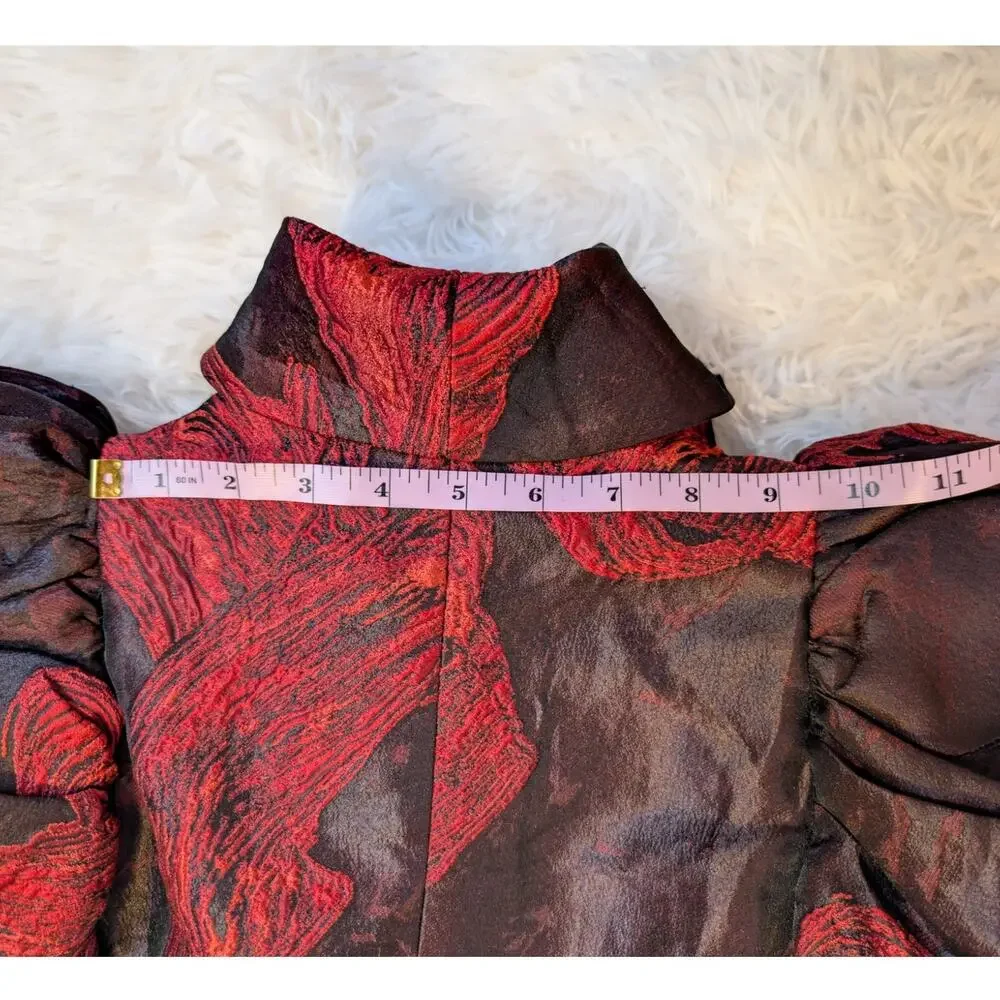 Vintage 80s Issabeau Girls Brocade Party Coat Dress Red Black Jacquard Fit Flare